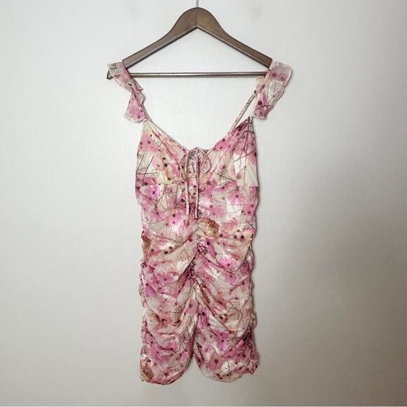 Fanco Pink Floral Ruched Mini Dress Small Ruffle Tie Front Cottagecore Fairy - Picture 3 of 12